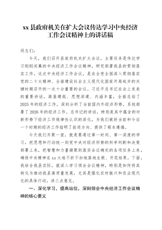 县政府机关在扩大会议传达学习中央经济工作会议精神上的讲话稿