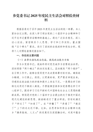 乡党委书记2025年度民主生活会对照检查材料20251226
