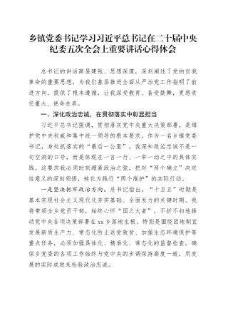 乡镇街道党委书记学习习近平总书记在二十届中央纪委五次全会上重要讲话心得体会