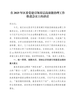 在2025年区委党建引领基层高效能治理工作推进会议上的讲话