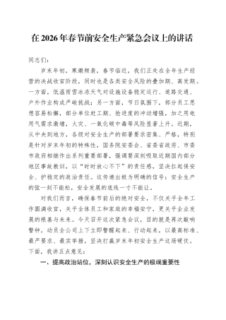 在2026年春节前安全生产紧急会议上的讲话