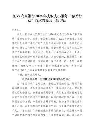 在XX农商银行2026年支农支小服务“春天行动”首次督办会上的讲话