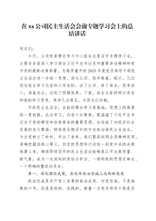 在公司民主生活会会前专题学习会上的总结讲话_120260108