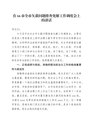 在市全市欠薪问题排查化解工作调度会上的讲话