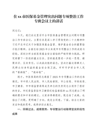 在市医保基金管理突出问题专项整治工作专班会议上的讲话