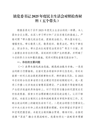 镇党委书记2025年度民主生活会对照检查材料（五个带头）20251229