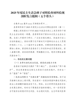 【103篇班子】2025年度民主生活会班子对照检查材料检视剖析发言提纲（五个带头方面）