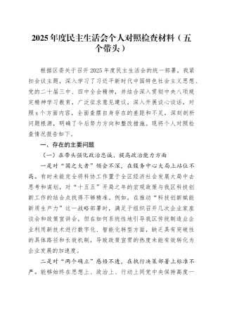2025年度民主生活会个人对照检查材料（五个带头）20260121
