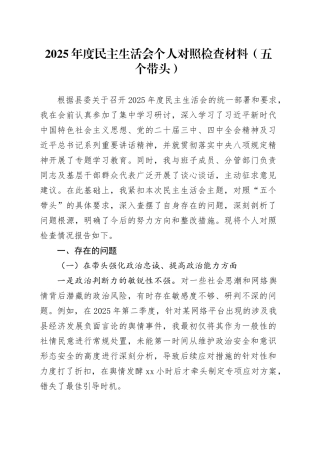 2025年度民主生活会个人对照检查材料（五个带头）20260204