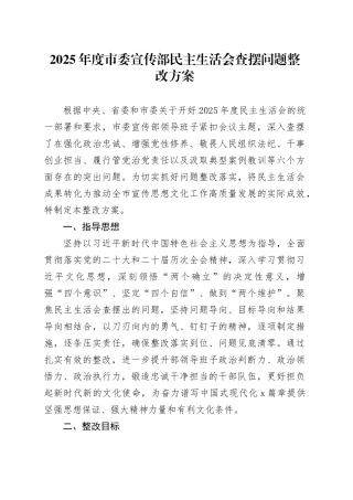 2025年度市委宣传部民主生活会查摆问题整改方案20260204