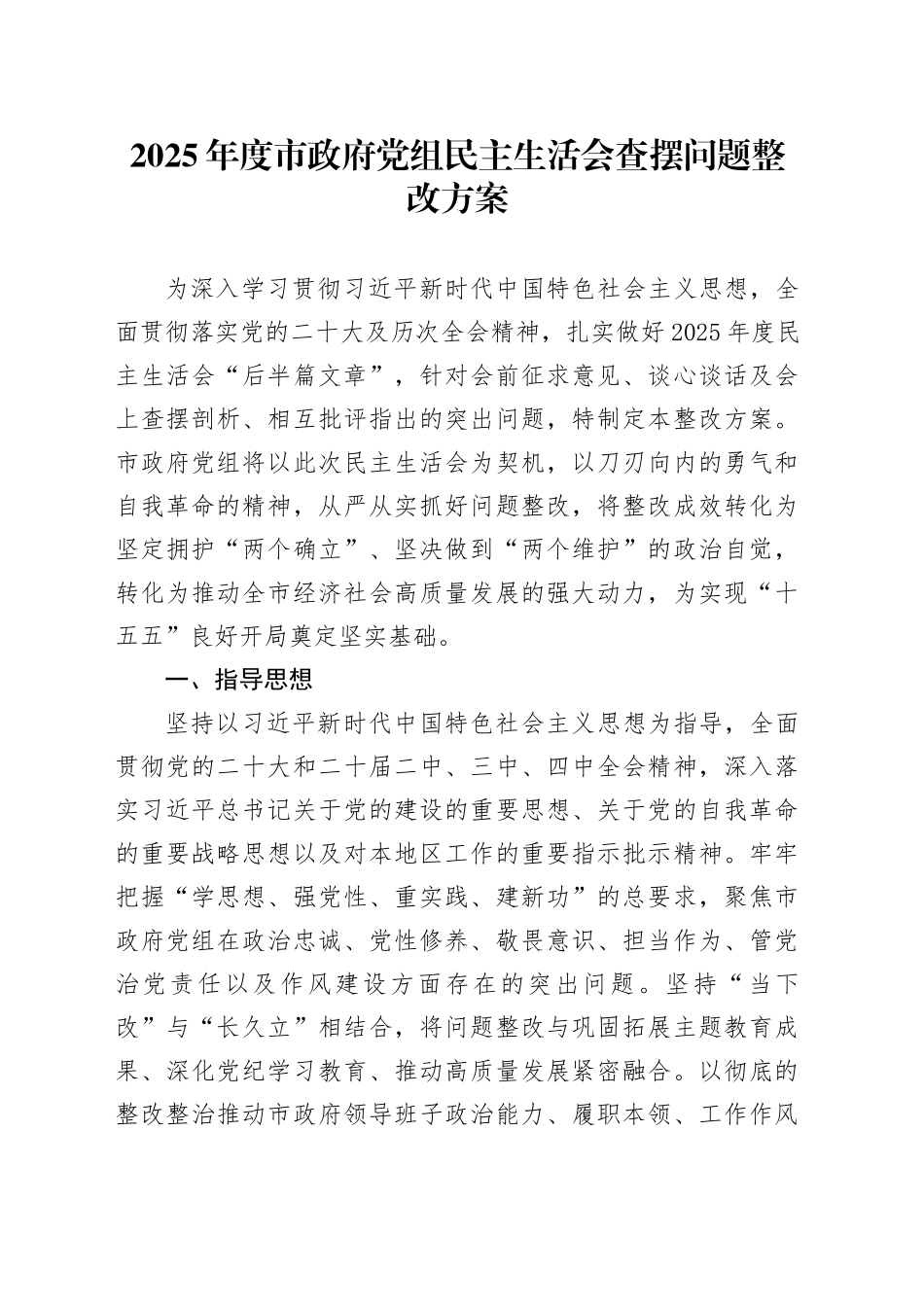 2025年度市政府党组民主生活会查摆问题整改方案20260204_第1页