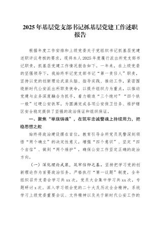 2025年基层党支部书记抓基层党建工作述职报告