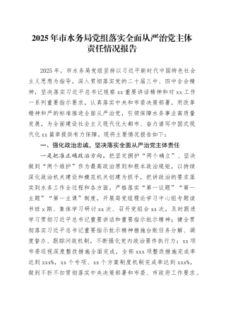 2025年市水务局党组落实全面从严治党主体责任情况报告