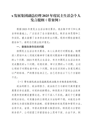 X发展集团副总经理2025年度民主生活会个人发言提纲（带案例）20260128