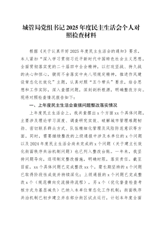 城管局党组书记2025年度民主生活会个人对照检查材料20260121
