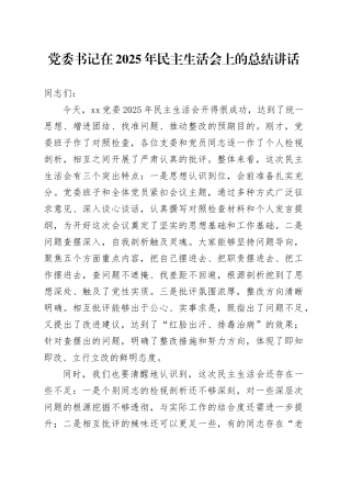 党委书记在2025年民主生活会上的总结讲话20260130