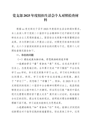 党支部2025年度组织生活会个人对照检查材料20260128