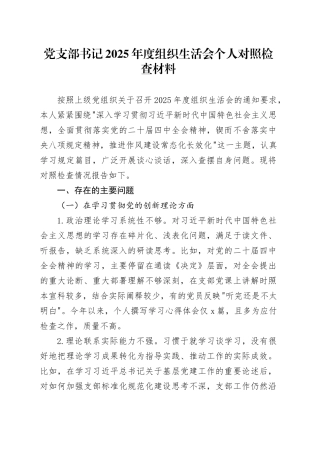 党支部书记2025年度组织生活会个人对照检查材料20260128