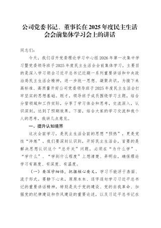 公司党委书记、董事长在2025年度民主生活会会前集体学习会上的讲话20260121