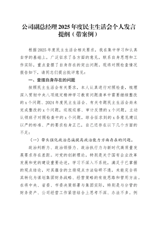 公司副总经理2025年度民主生活会个人发言提纲（带案例）20260128