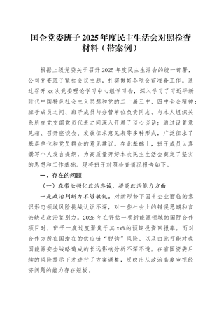 国企党委班子2025年度民主生活会对照检查材料（带案例）20260202