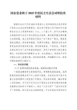 国企党委班子2025年度民主生活会对照检查材料20260128