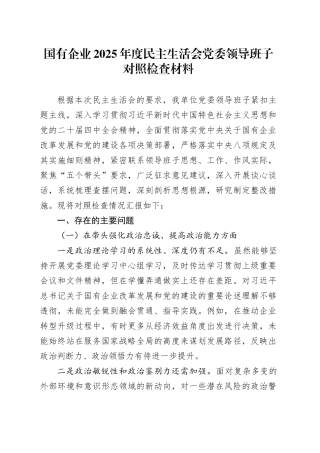 国有企业2025年度民主生活会党委领导班子对照检查材料20260128