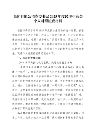 集团有限公司党委书记2025年度民主生活会个人对照检查材料20260204
