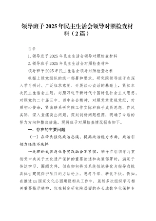 领导班子2025年民主生活会领导对照检查材料（2篇）20260204