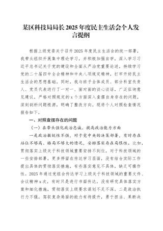某区科技局局长2025年度民主生活会个人发言提纲20260128
