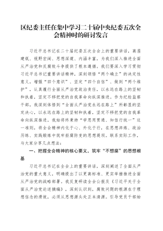 区纪委主任在集中学习二十届中央纪委五次全会精神时的研讨发言