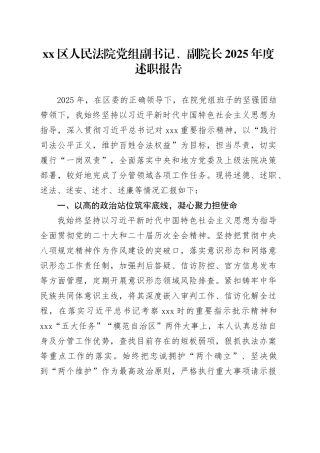 区人民法院党组副书记、副院长2025年度述职报告