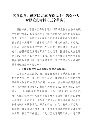 区委常委、副区长2025年度民主生活会个人对照检查材料（五个带头）20260204