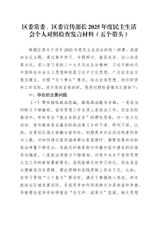 区委常委、区委宣传部长2025年度民主生活会个人对照检查发言材料（五个带头）20260130