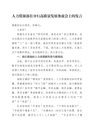 人力资源部在分行高质量发展务虚会上的发言