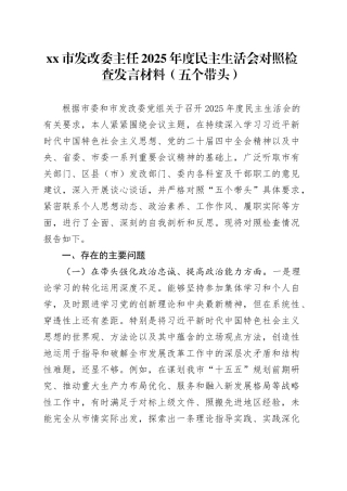 市发改委主任2025年度民主生活会对照检查发言材料（五个带头）20260128