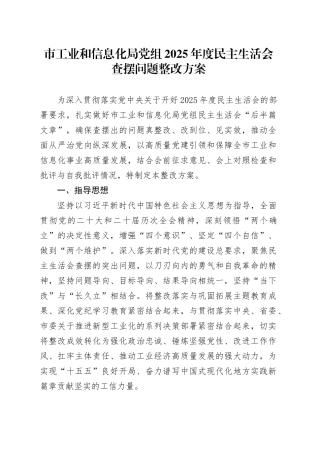 市工业和信息化局党组2025年度民主生活会查摆问题整改方案20260204