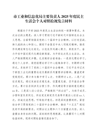 市工业和信息化局主要负责人2025年度民主生活会个人对照检视发言材料20260121