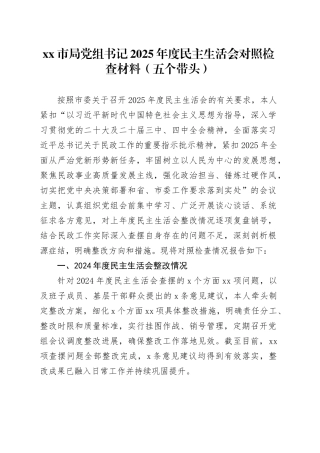 市局党组书记2025年度民主生活会对照检查材料（五个带头）20260128