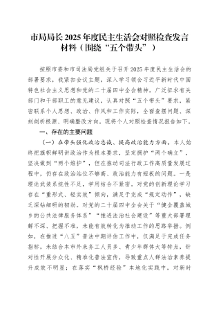 市局局长2025年度民主生活会对照检查发言材料（围绕“五个带头”）20260123