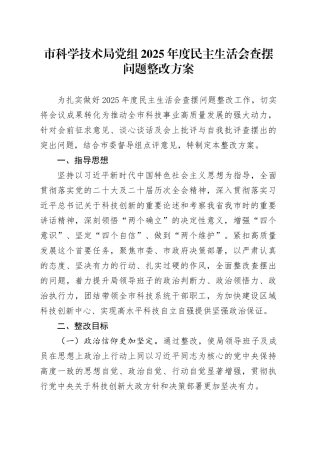 市科学技术局党组2025年度民主生活会查摆问题整改方案20260204