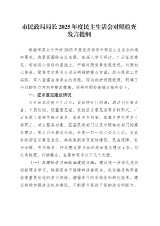 市民政局局长2025年度民主生活会对照检查发言提纲20260130