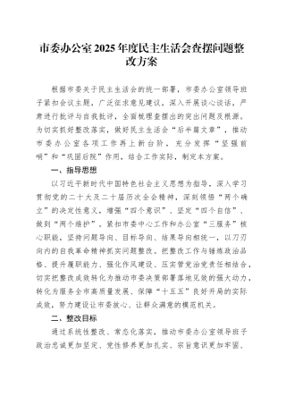 市委办公室2025年度民主生活会查摆问题整改方案20260204
