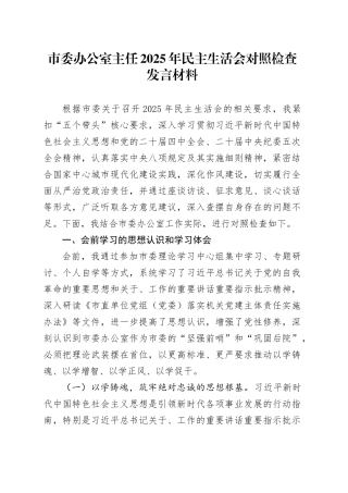 市委办公室主任2025年民主生活会对照检查发言材料20260116
