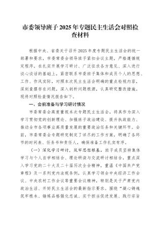 市委领导班子2025年专题民主生活会对照检查材料20260128