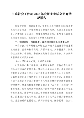 市委社会工作部2025年度民主生活会召开情况报告20260204