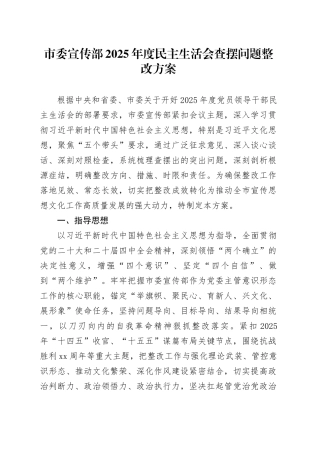 市委宣传部2025年度民主生活会查摆问题整改方案20260204