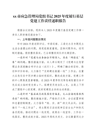 市应急管理局党组书记2025年度履行基层党建工作责任述职报告