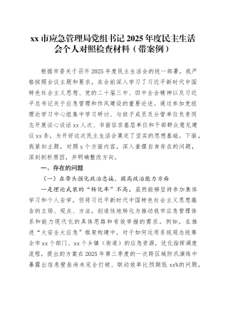 市应急管理局党组书记2025年度民主生活会个人对照检查材料（带案例）20260116