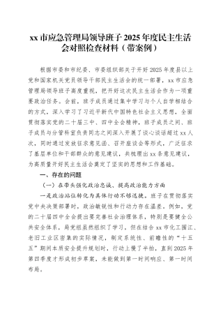 市应急管理局领导班子2025年度民主生活会对照检查材料（带案例）20260116